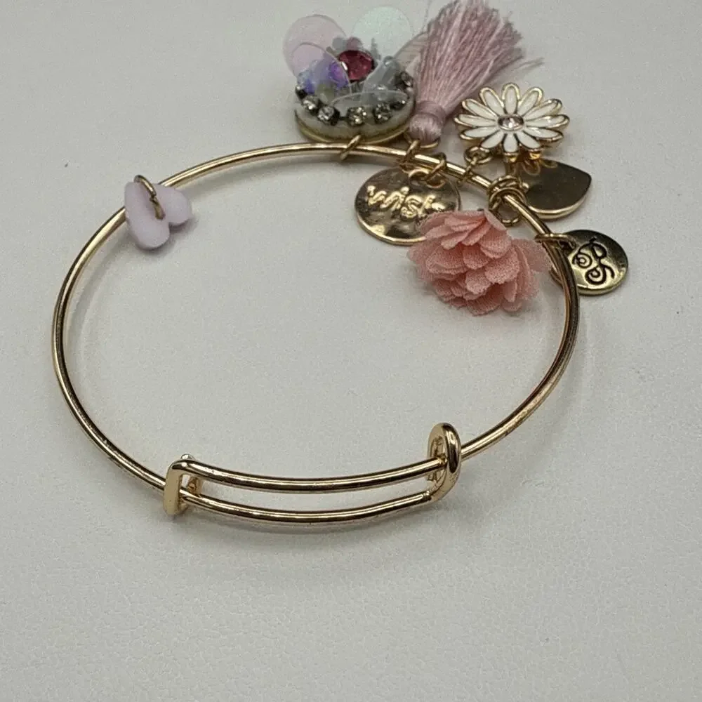 Plunder Charm Bracelet‎ Pink Flower Heart Tassel Adjustable 6.5 - 7.5 in